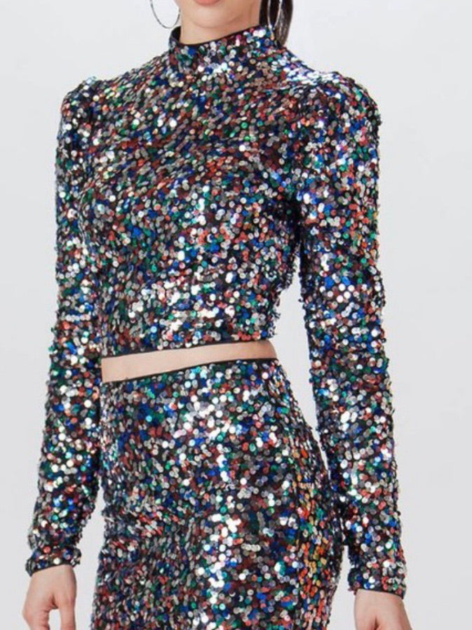 Turtleneck Sequin Crop Top