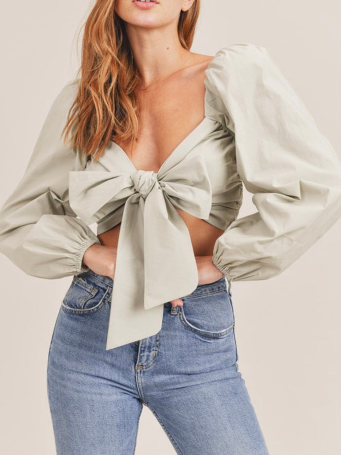 Front Ribbon Puff Sleeve Top