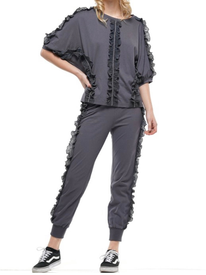 Dark Grey Ruffle Trim Jogger