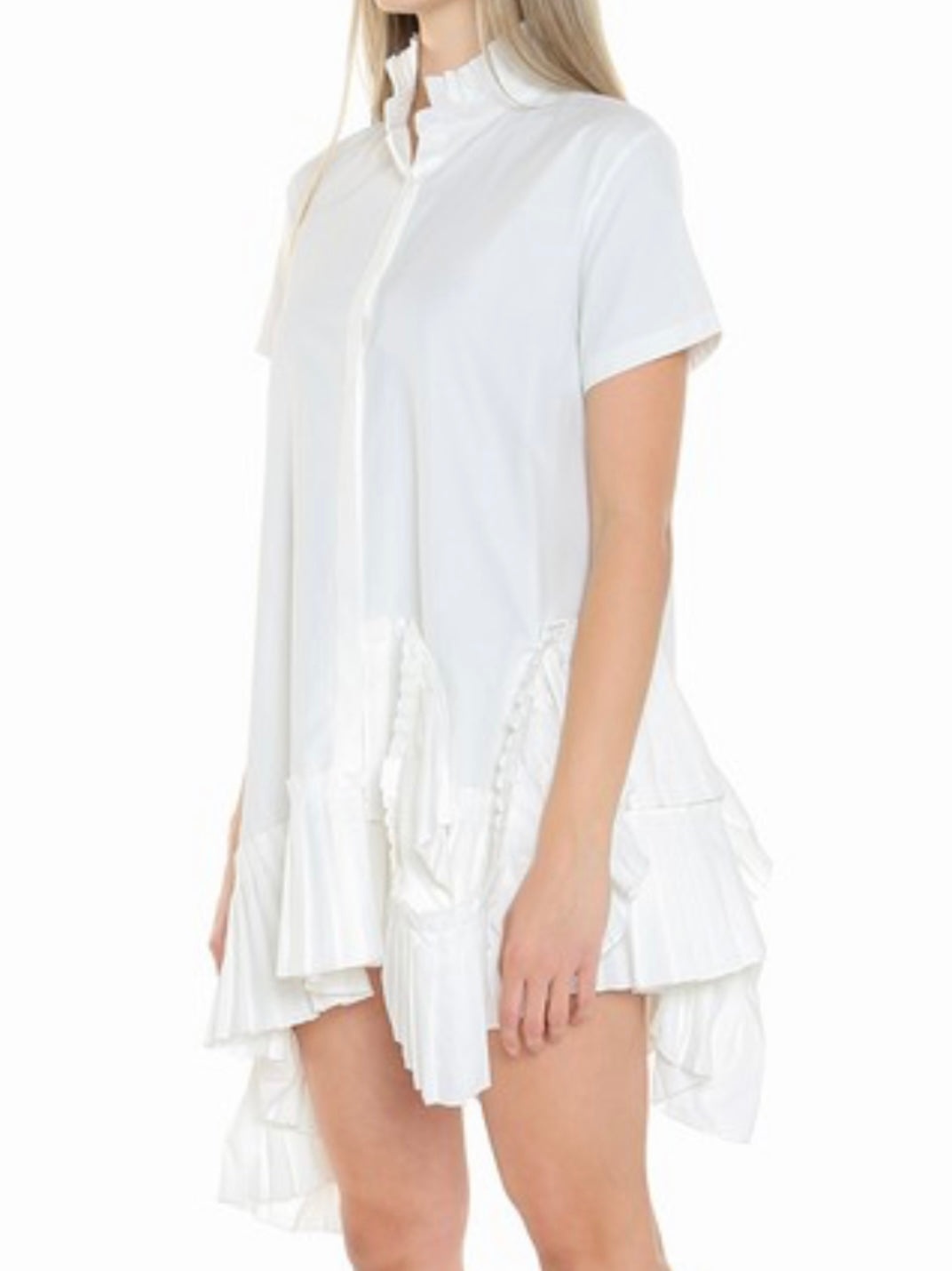 Frilled High Neck Uneven Hem Short Dress