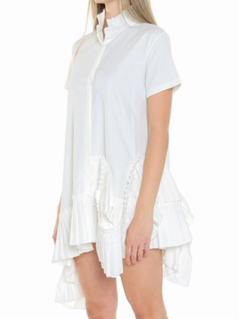 Frilled High Neck Uneven Hem Short Dress