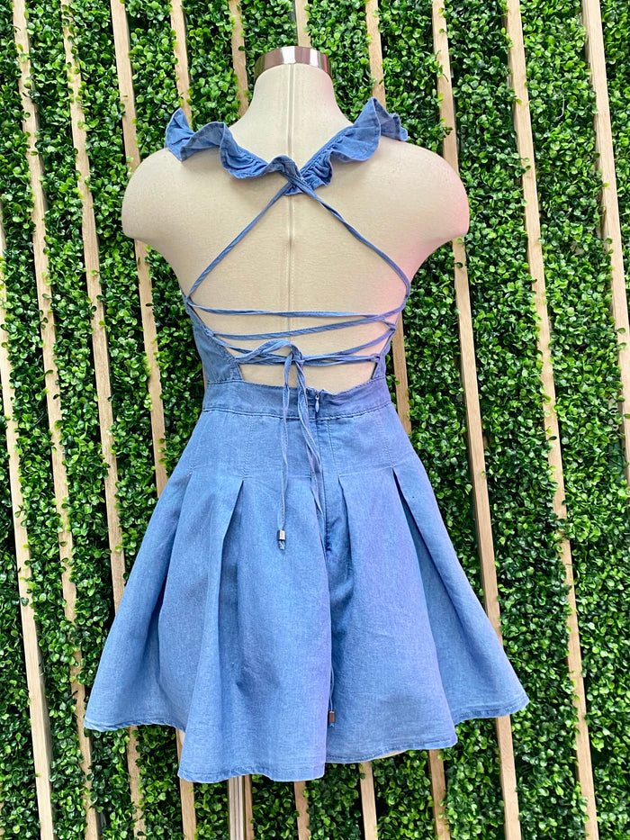 Denim Ruffle Detail Short Dress