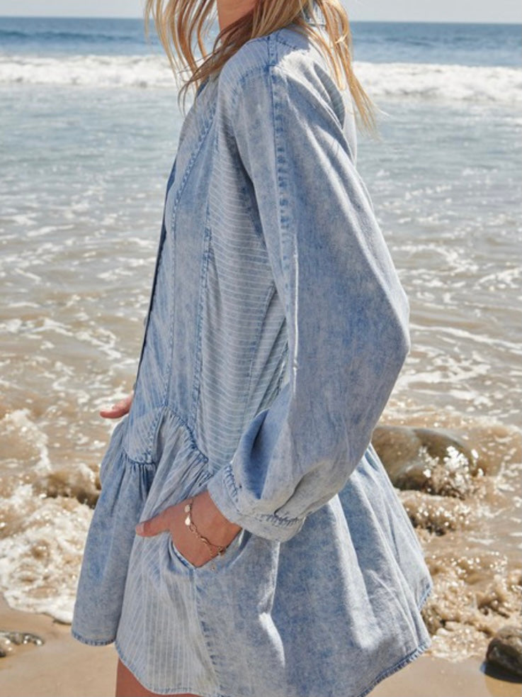 Blue Acid Wash Stripe Detail Drop Waist Dress