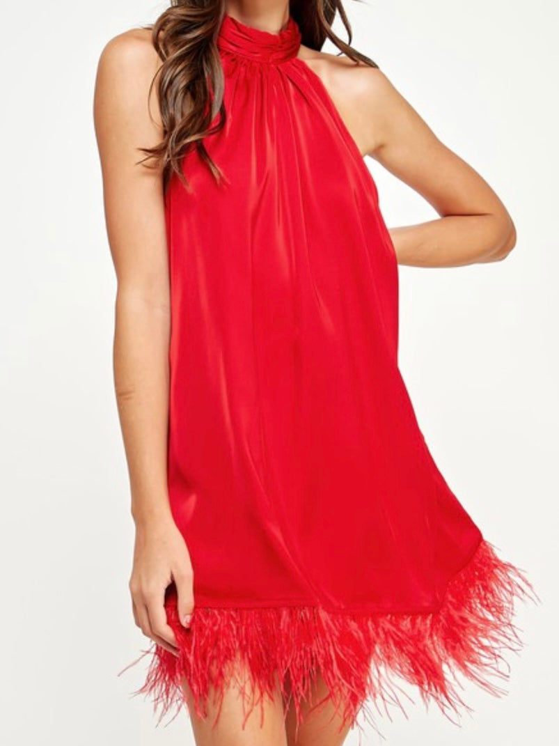 Halter Neck Feather Trim Dress