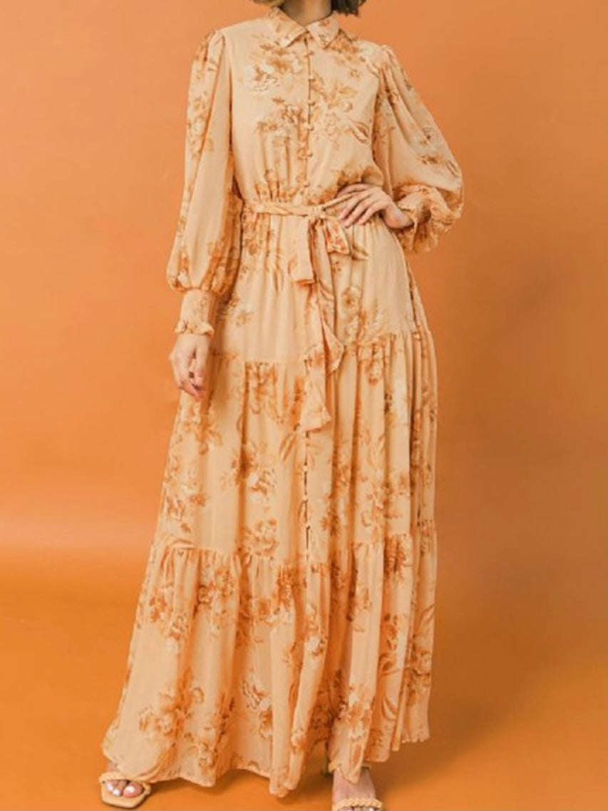 Peach Floral Button Down Maxi Dress