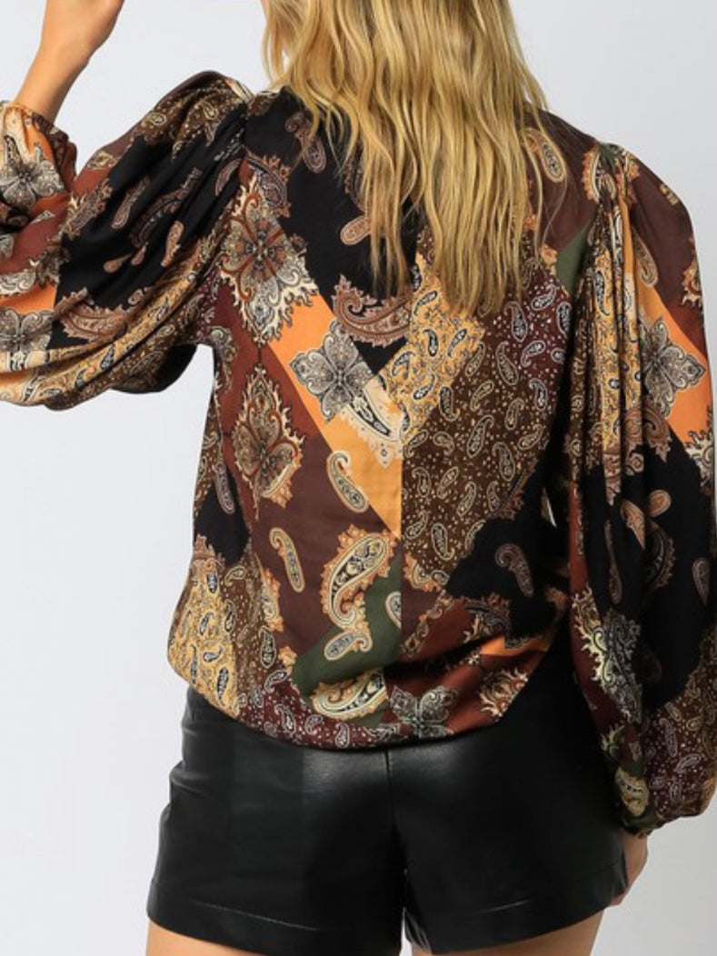 Burgundy Paisley Long Sleeve Blouse