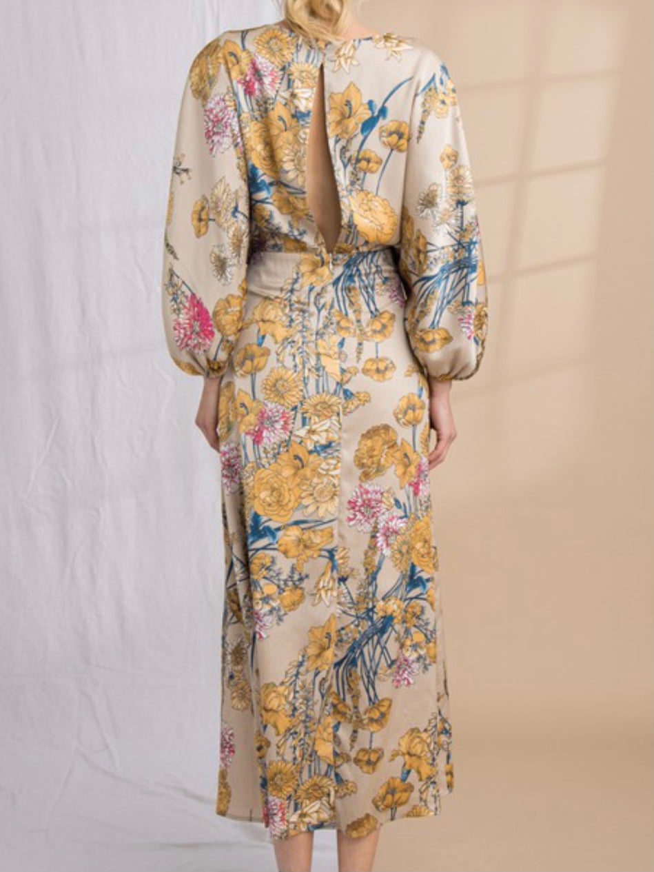 Gold Floral Cutout Kimono Midi Dress