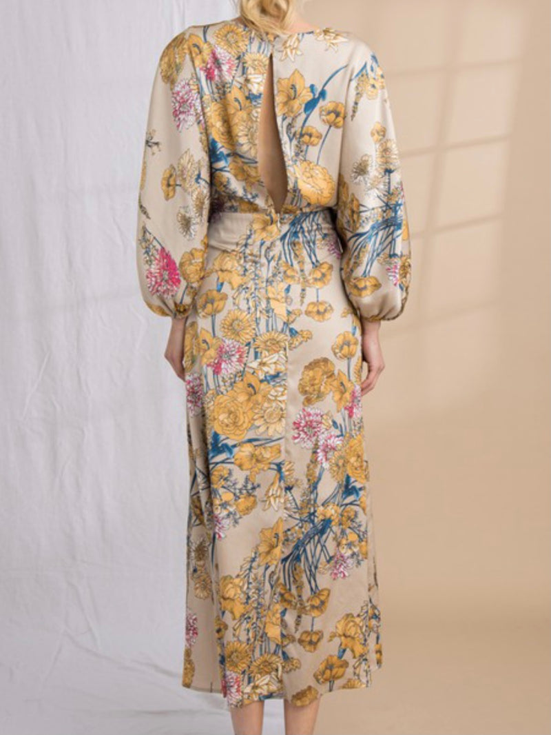 Gold Floral Cutout Kimono Midi Dress