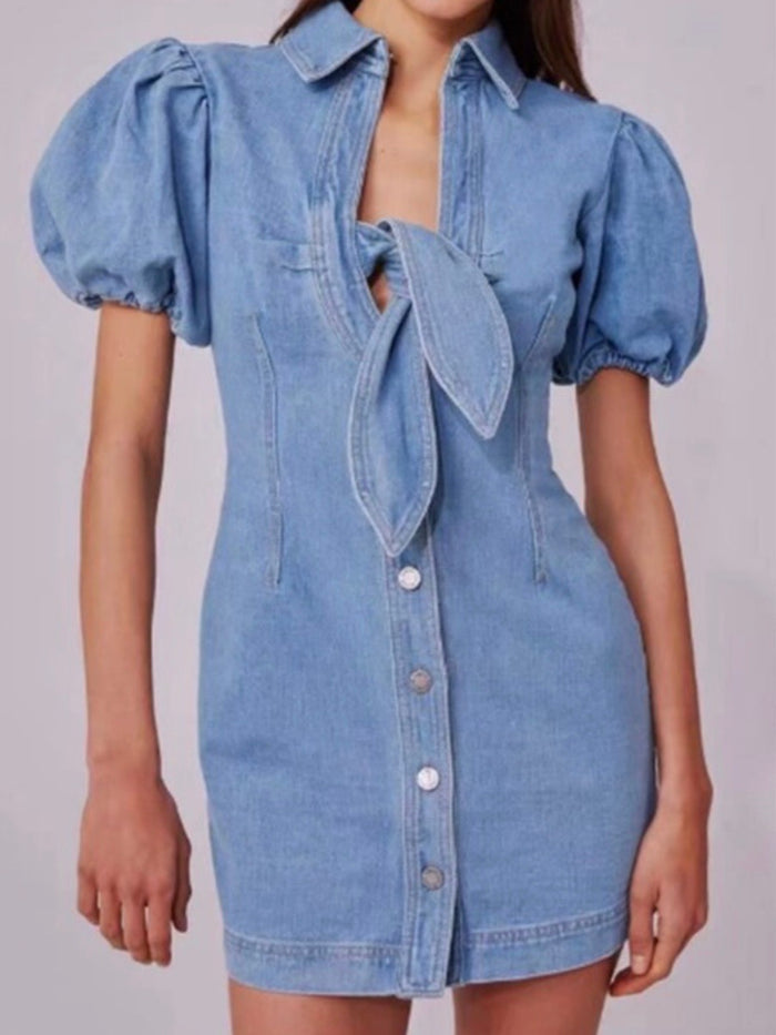 Denim Bowknot Puff Sleeve Mini Dress