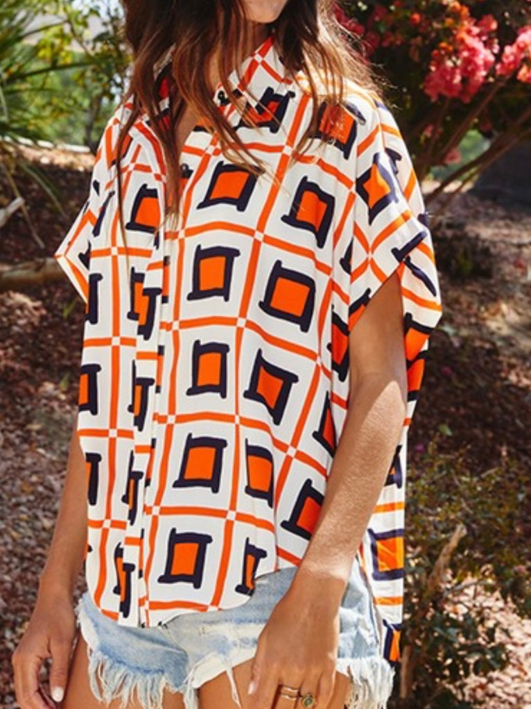 Orange Navy Squares Button Down Blouse