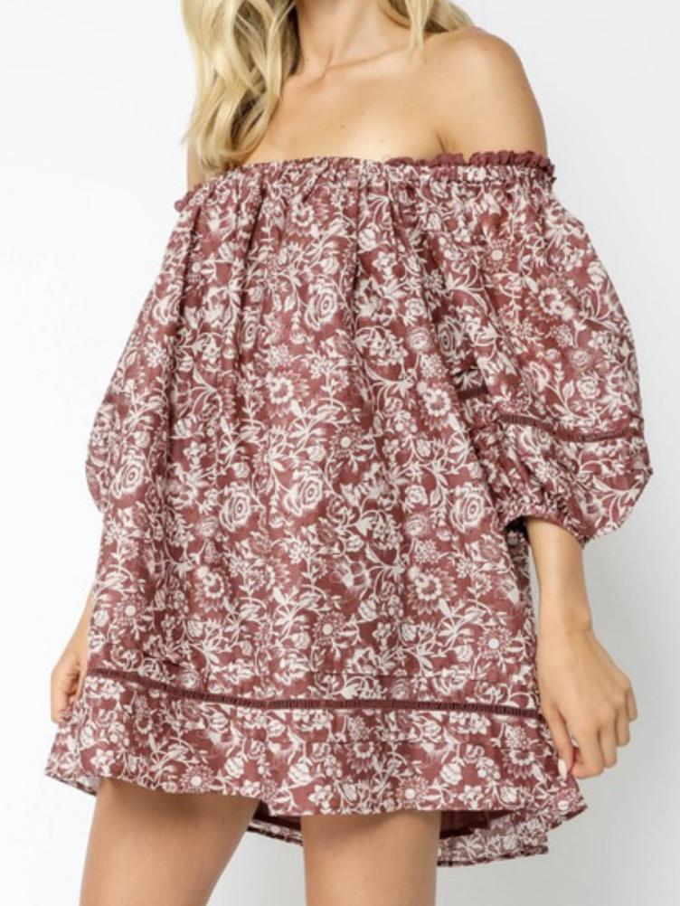 Mauve Floral Off Shoulder Boho Dress