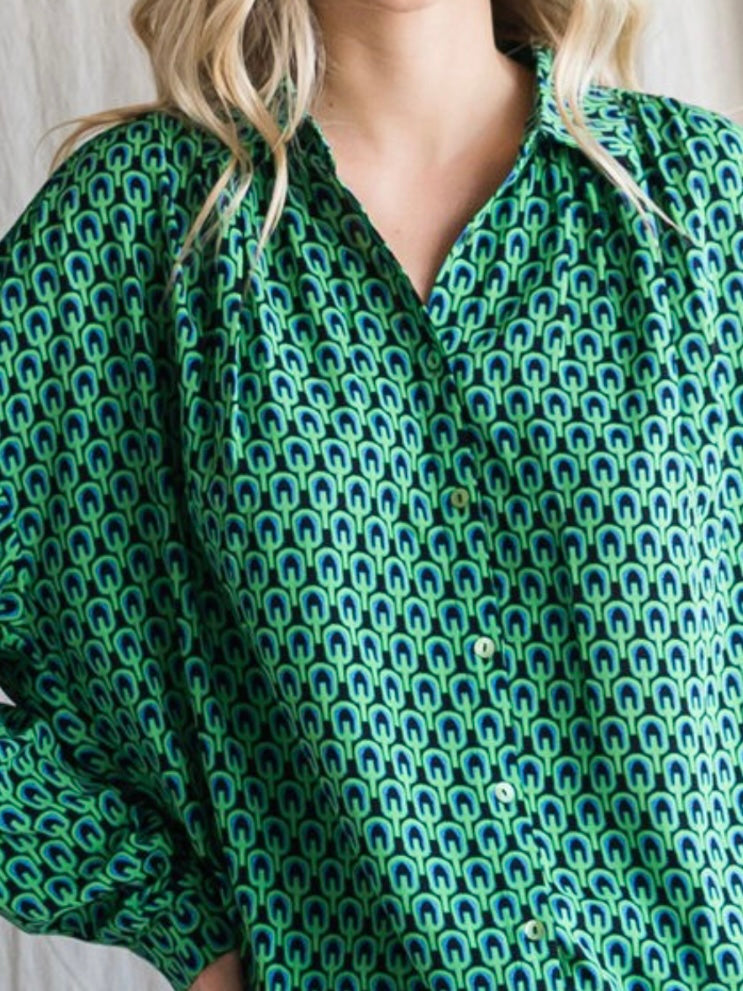 Geo Green Print Button Down Blouse