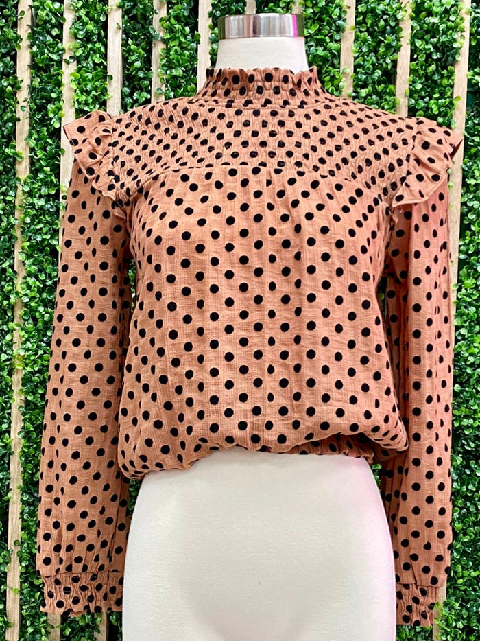 Polka Dot Smocked Long Sleeve Blouse