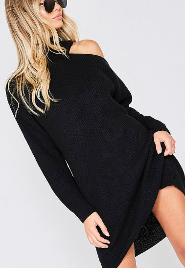 Black Sweater Cold Shoulder Dress