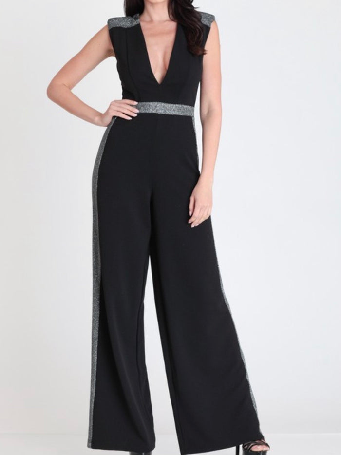 Metallic Contrast Deep V Jumpsuit
