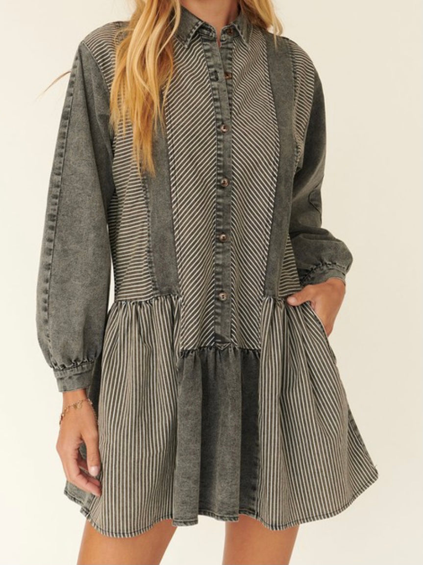 Acid Wash Stripe Detail Drop Waist Dress