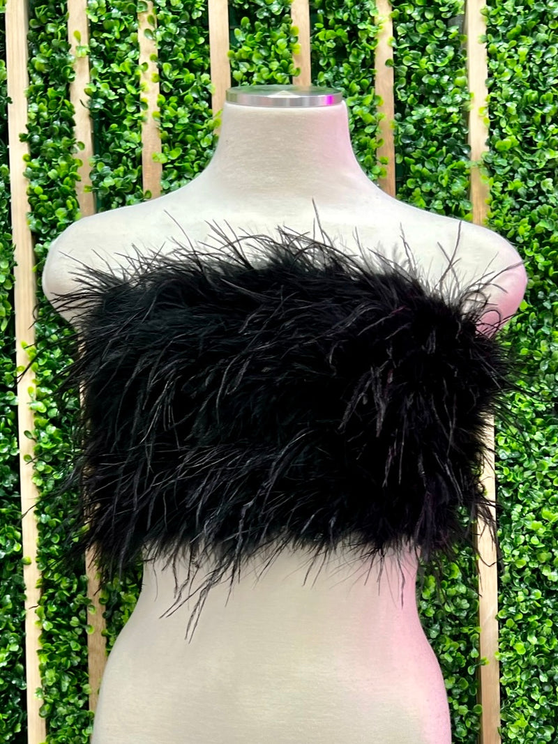 Black Strapless Feather Crop Top