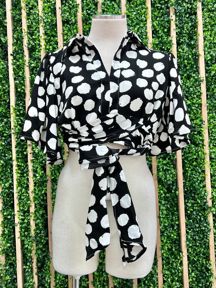 White Black Dot Flounce Top