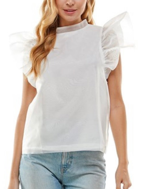 White Organza DetailMock Neck Top