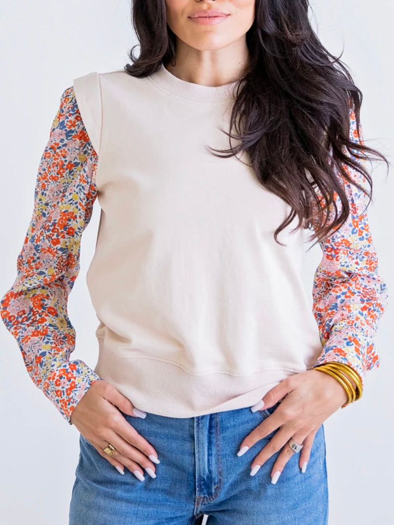 Ivory Floral Poplin Sleeve Sweatshirt