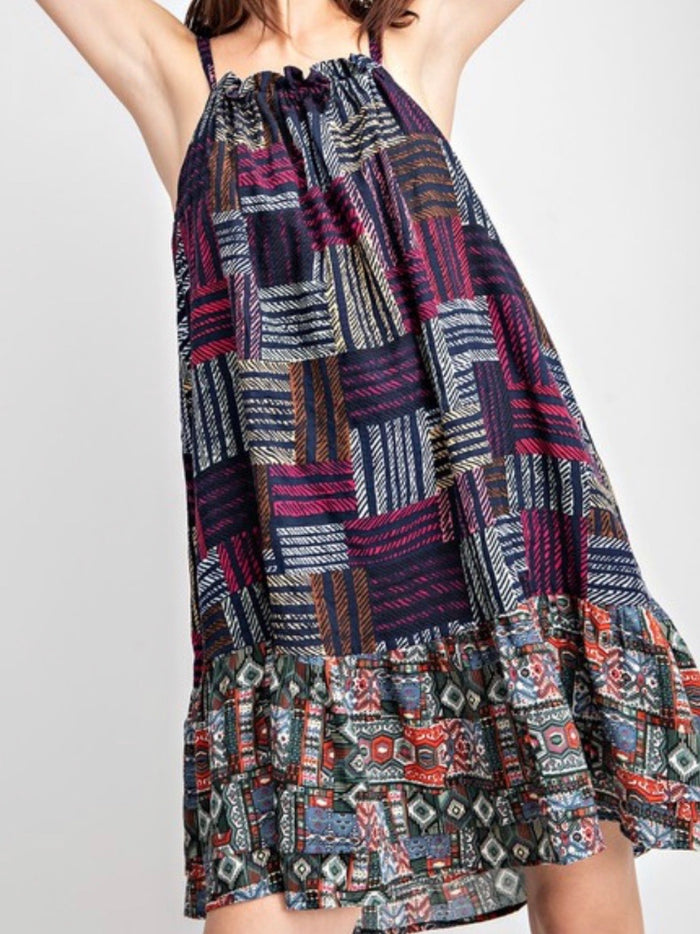 Navy Printed Halter Dress