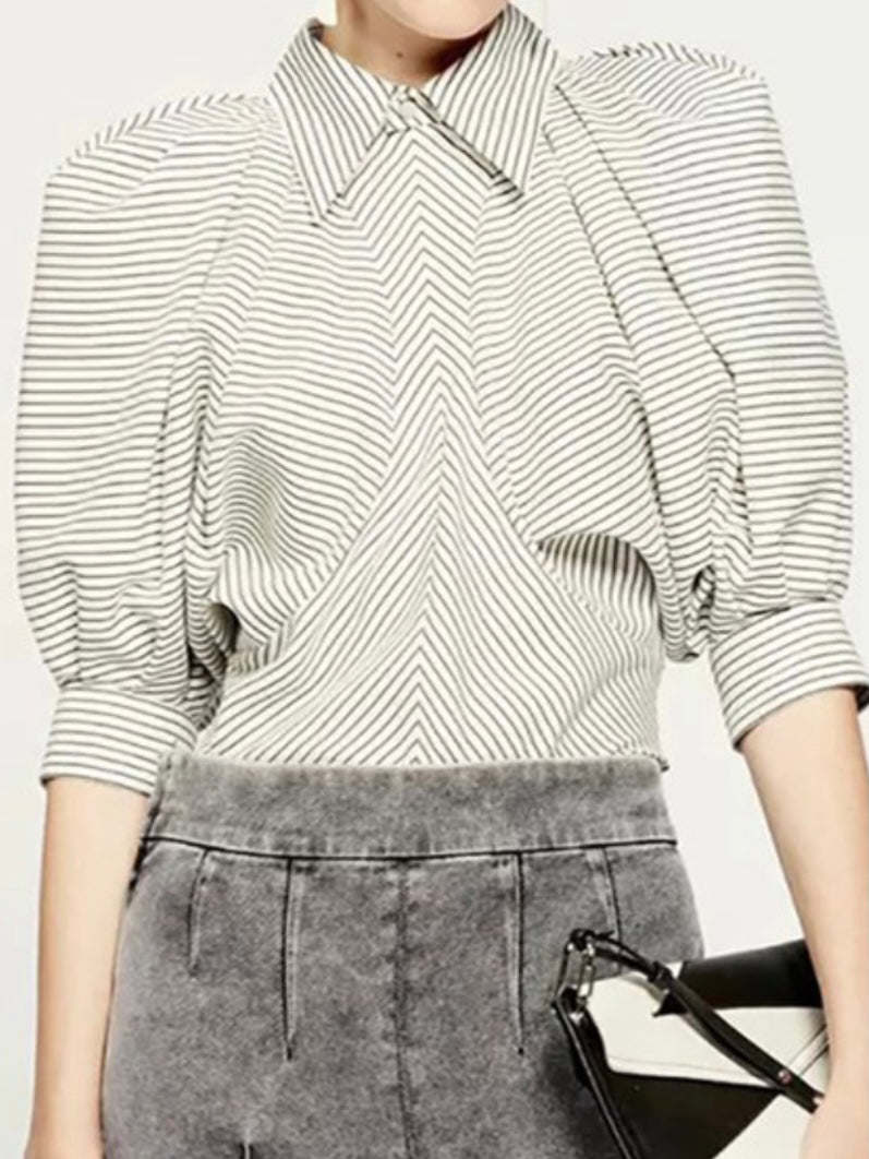 Striped Bubble Sleeve Button Down Blouse