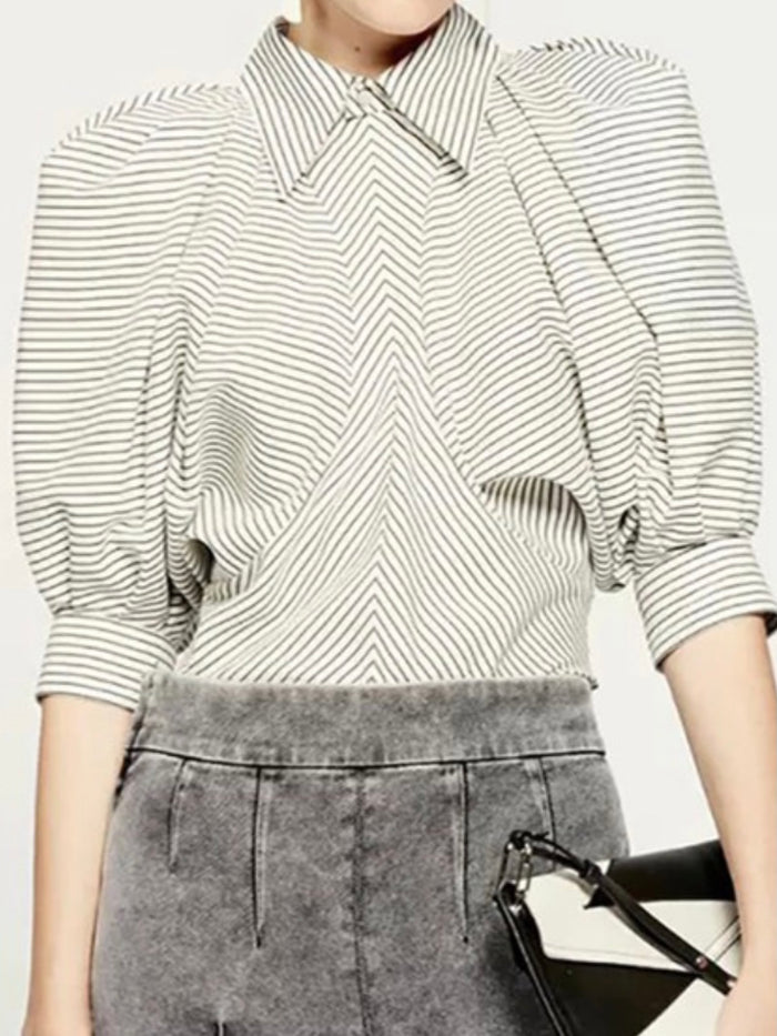 Striped Bubble Sleeve Button Down Blouse