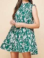 Green Watercolor Print Tiered Short Dress