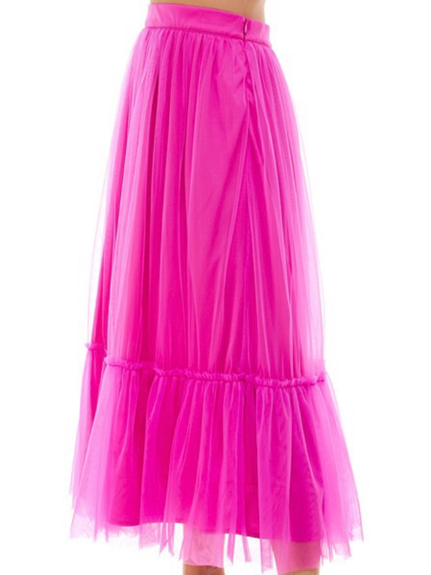 Magenta Tulle Midi Skirt