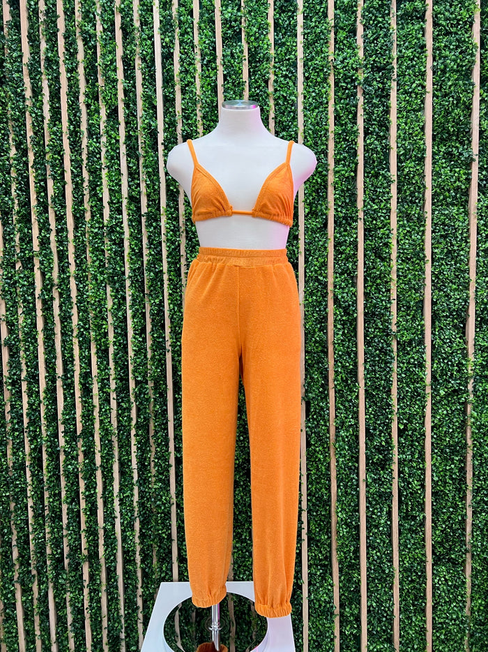 Orange Towel Fabric Jogger Set