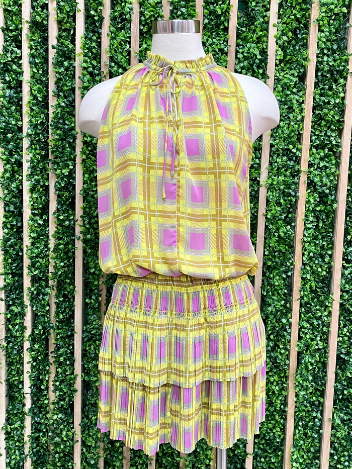 Yellow Plaid Sleeveles Ruched Short Dress