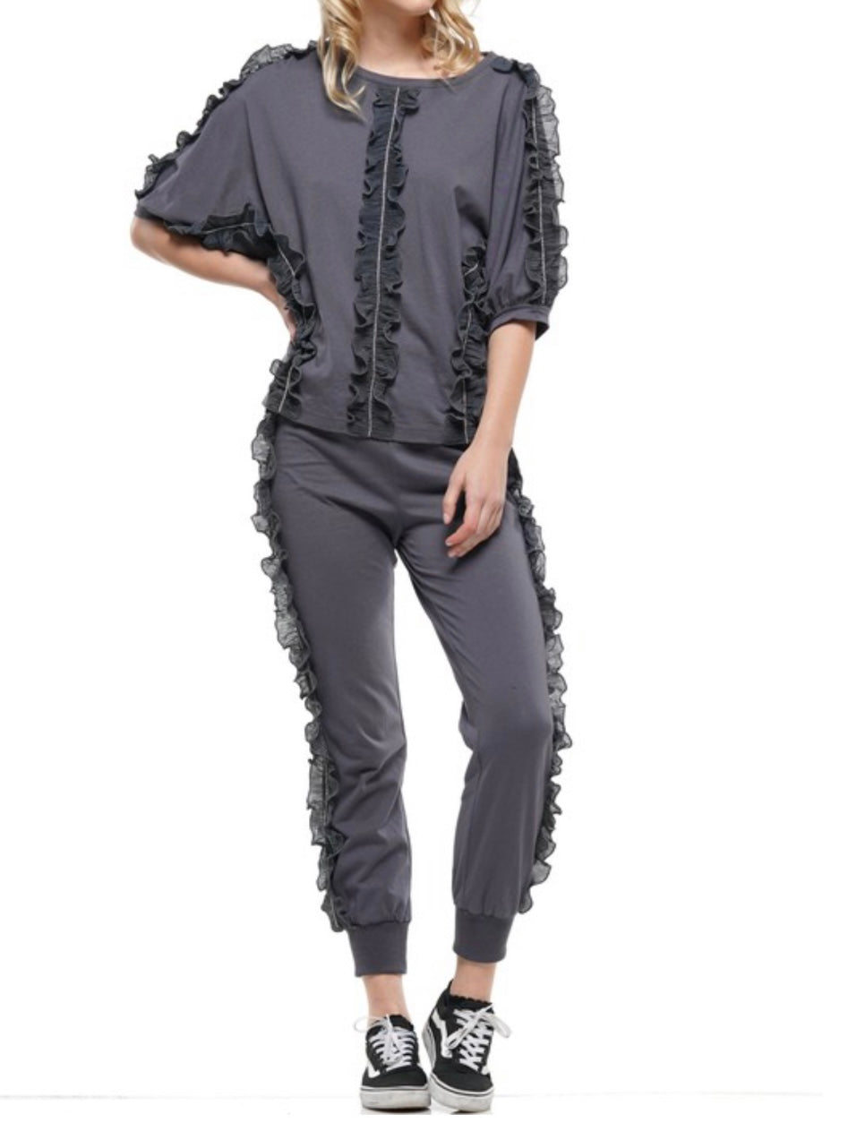 Dark Grey Ruffle Trim Top