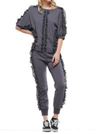 Dark Grey Ruffle Trim Top