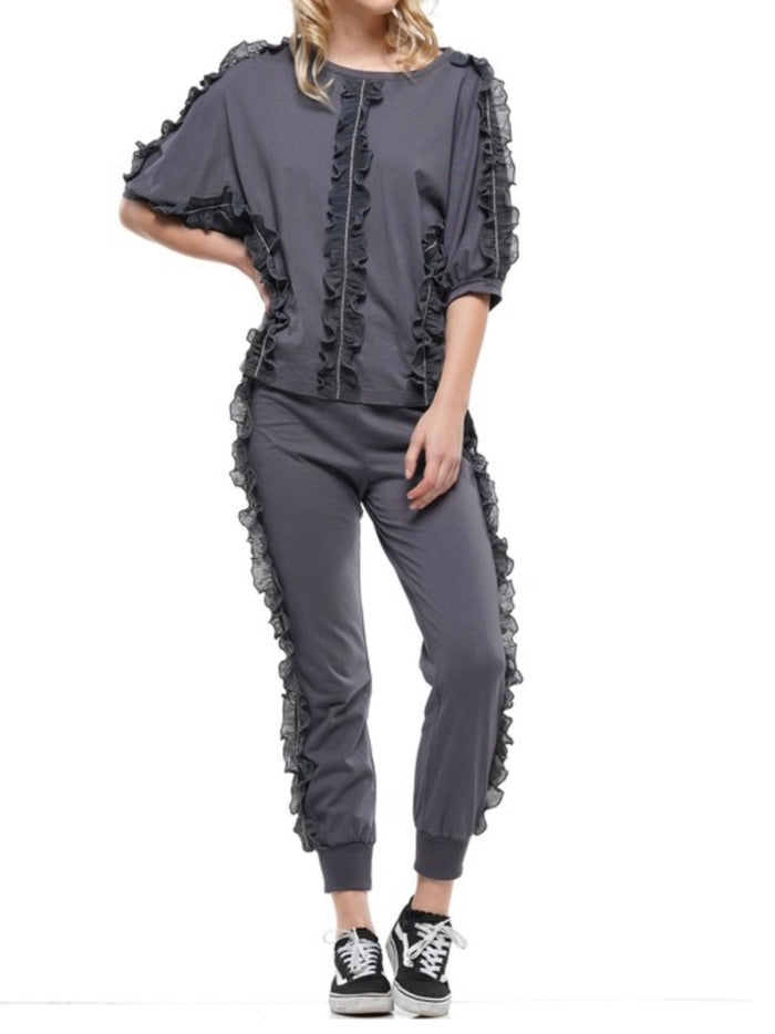 Dark Grey Ruffle Trim Top