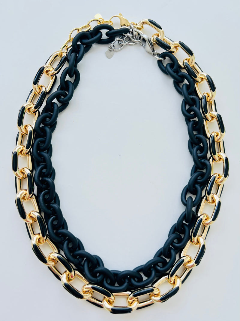 Large Gold Black Enamel Paperclip Necklace