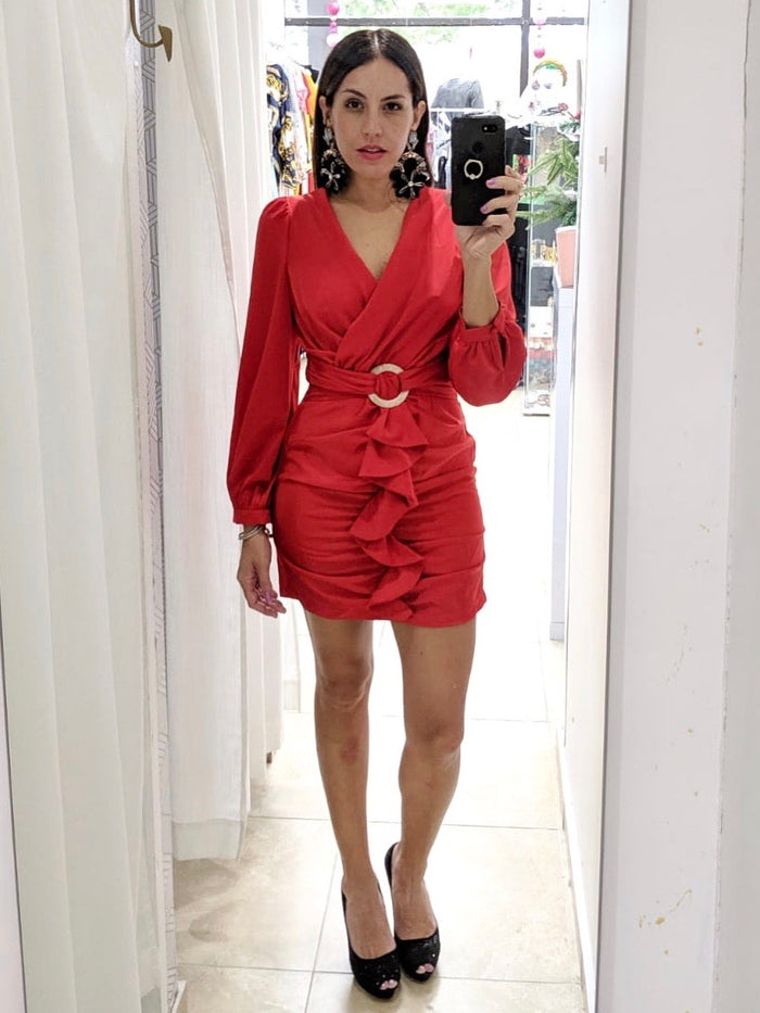 Red V Neck Flounce Mini Dress