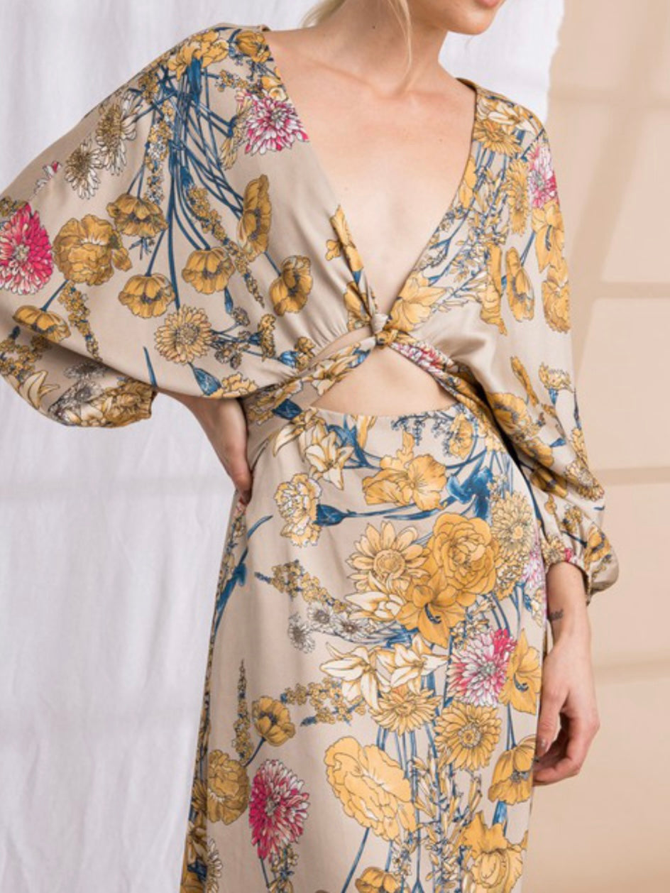 Gold Floral Cutout Kimono Midi Dress