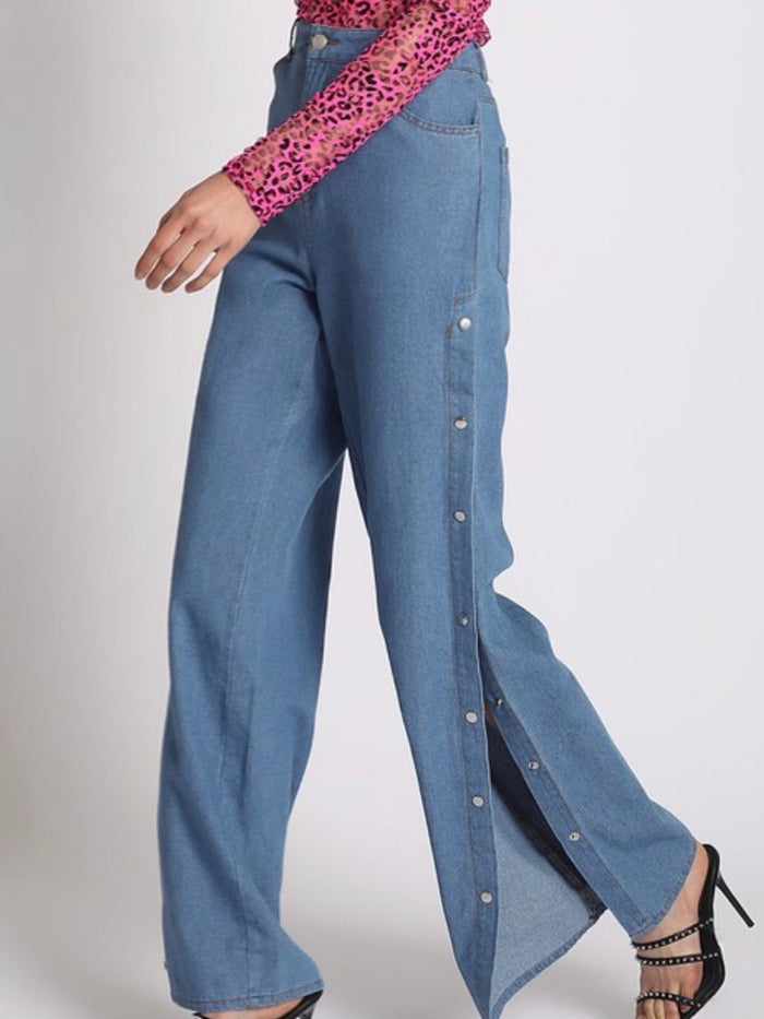 Button Detail Wide Leg Denim Pants