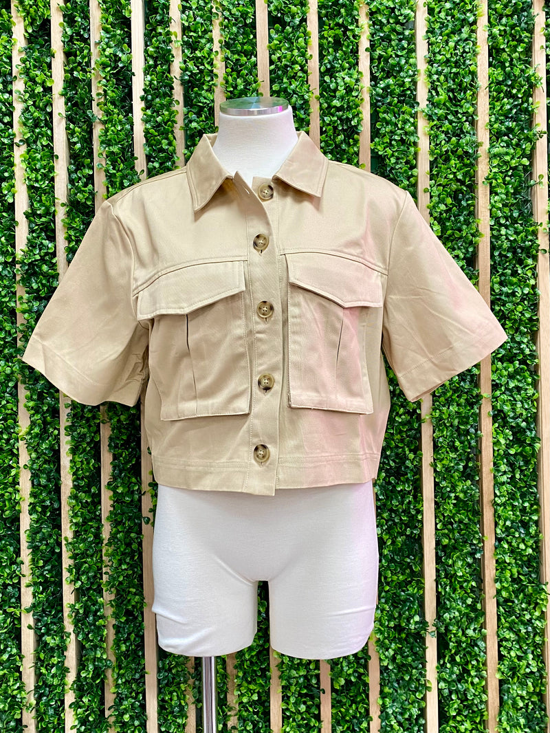 Beige Cropped Cotton Shirt Jacket