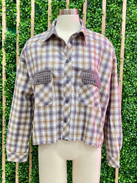 Multi Plaid Contrast Flap Button Down Blouse