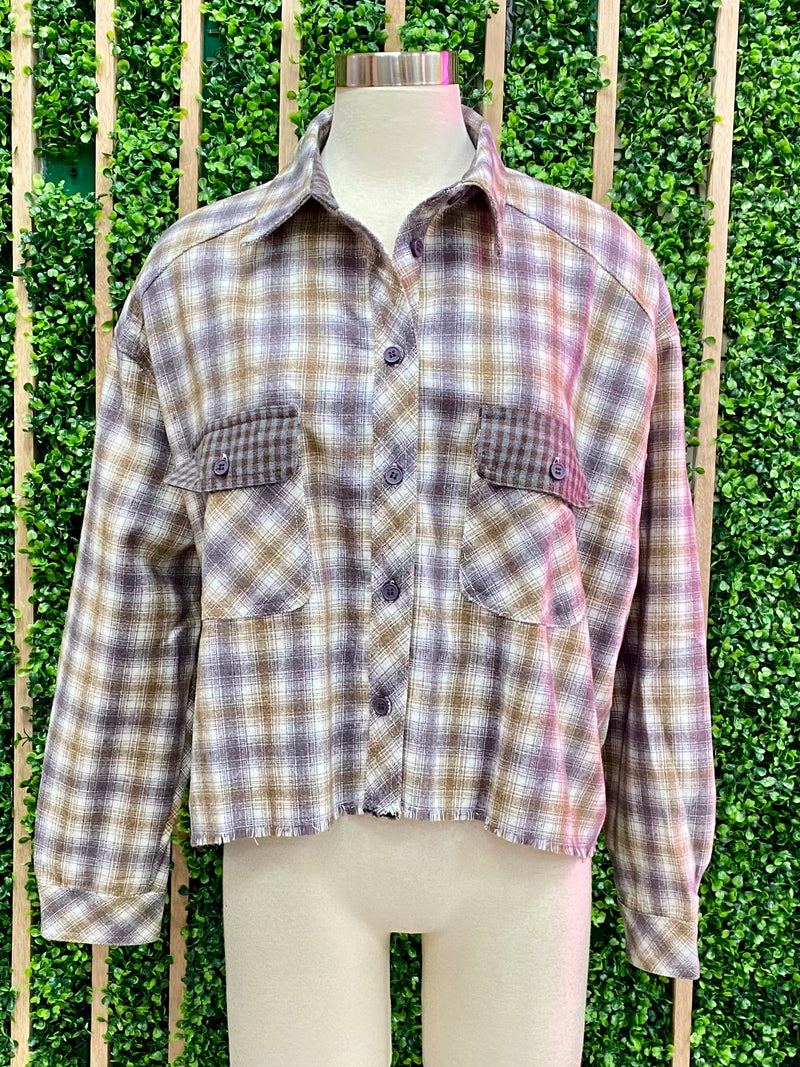 Multi Plaid Contrast Flap Button Down Blouse