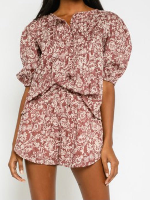 Mauve Cream Floral Short Pant Set