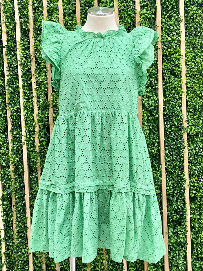 Delicate Green Eyelet Tiered Dress