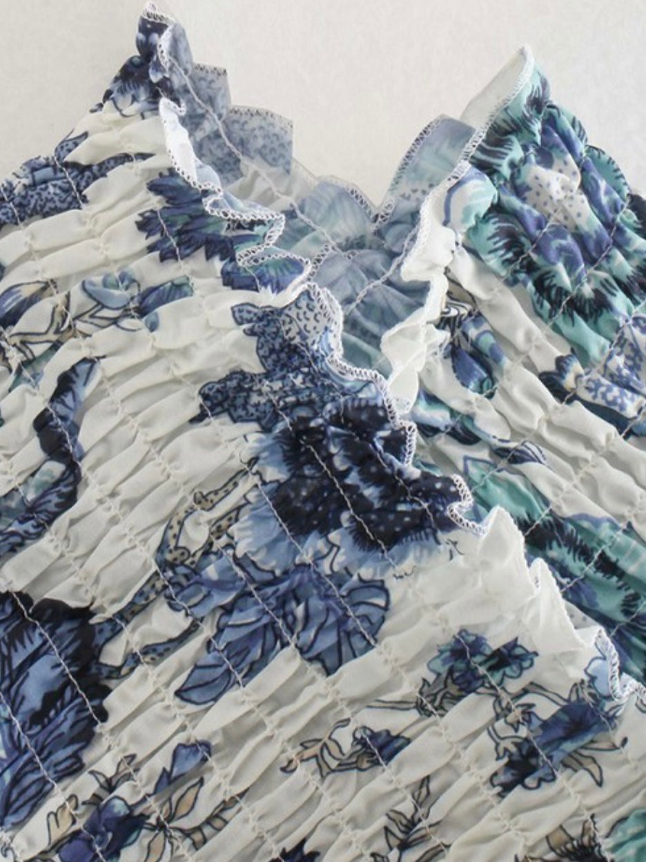 Blue Floral Print Wind Cross Top