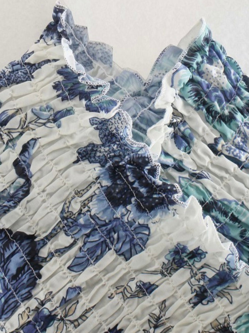Blue Floral Print Wind Cross Top