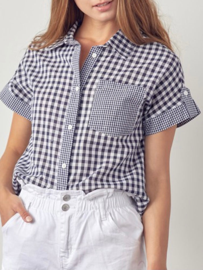 Navy Checkers Button Down Blouse