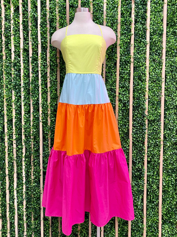 Lime Color Block Tiered Maxi