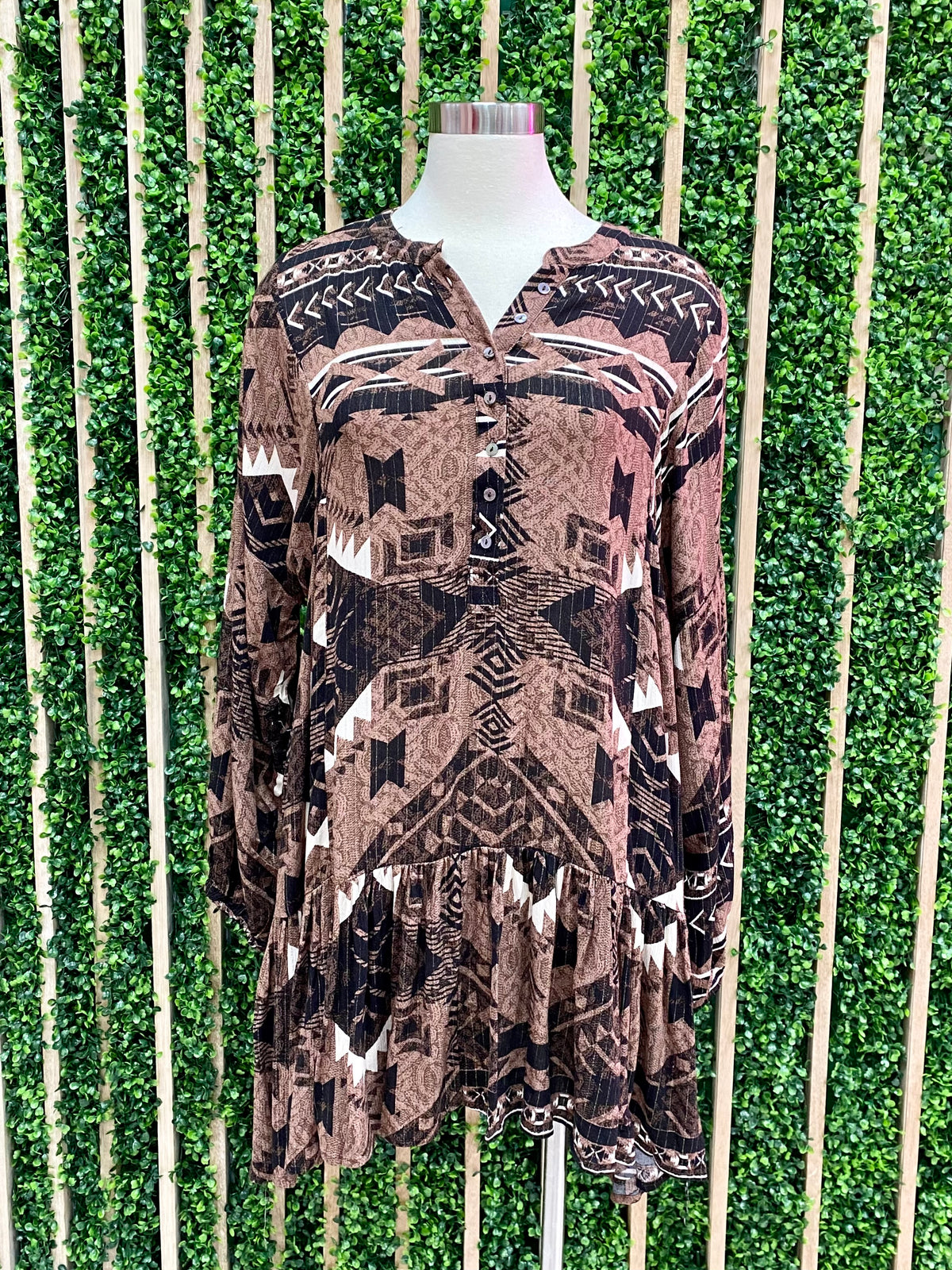 Brown Aztec Drop Waist Dress