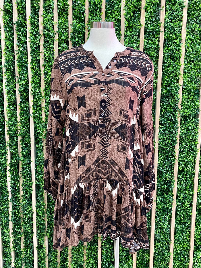 Brown Aztec Drop Waist Dress