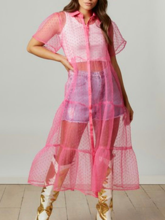 Pink Net Puff Sleeve Sheer Blouse Dress